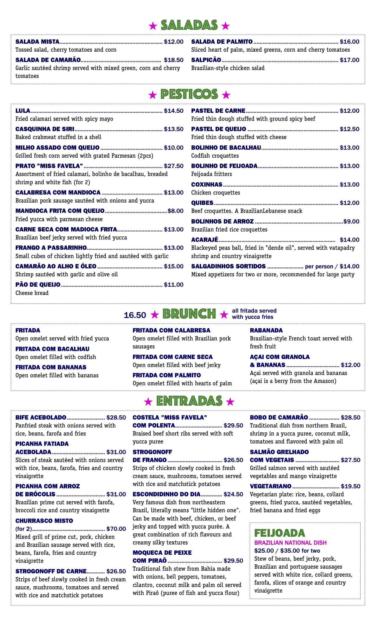 Miss Favela Menu